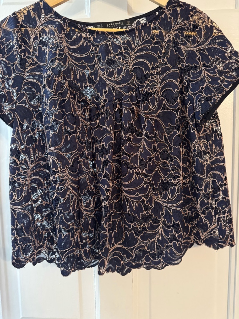 Zara Navy Lace Blouse Floral Overlay Top Size M